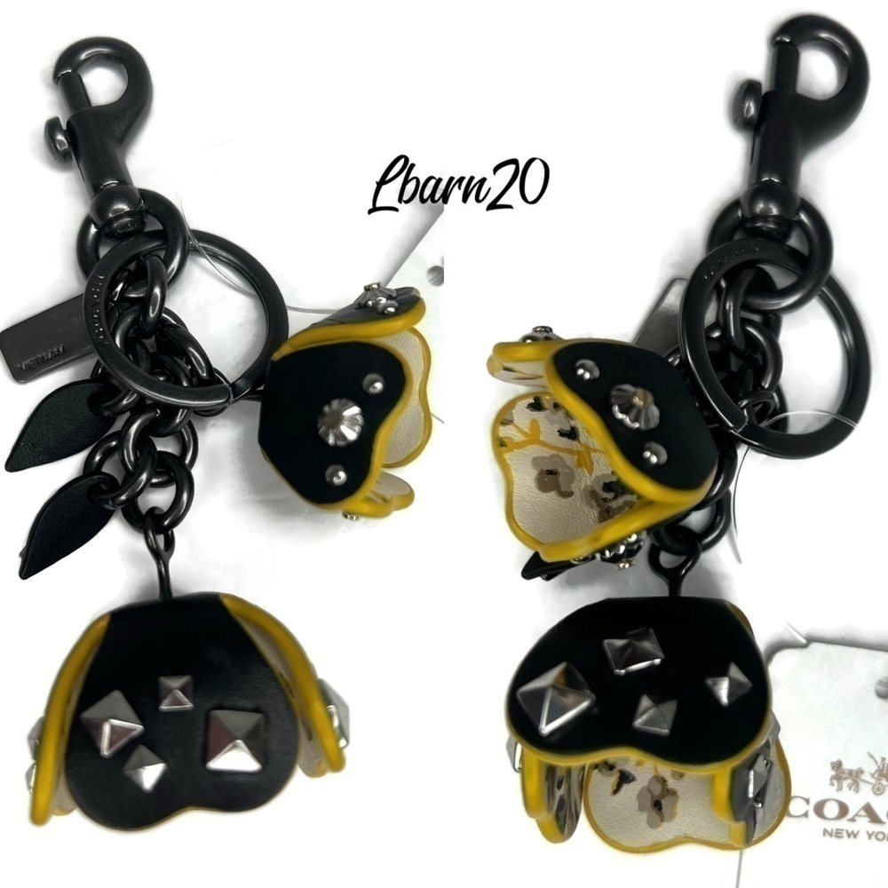 Coach Prairie Black Yellow Tearose Roses Floral Flower Keychain Fob NWT - Picture 9 of 10
